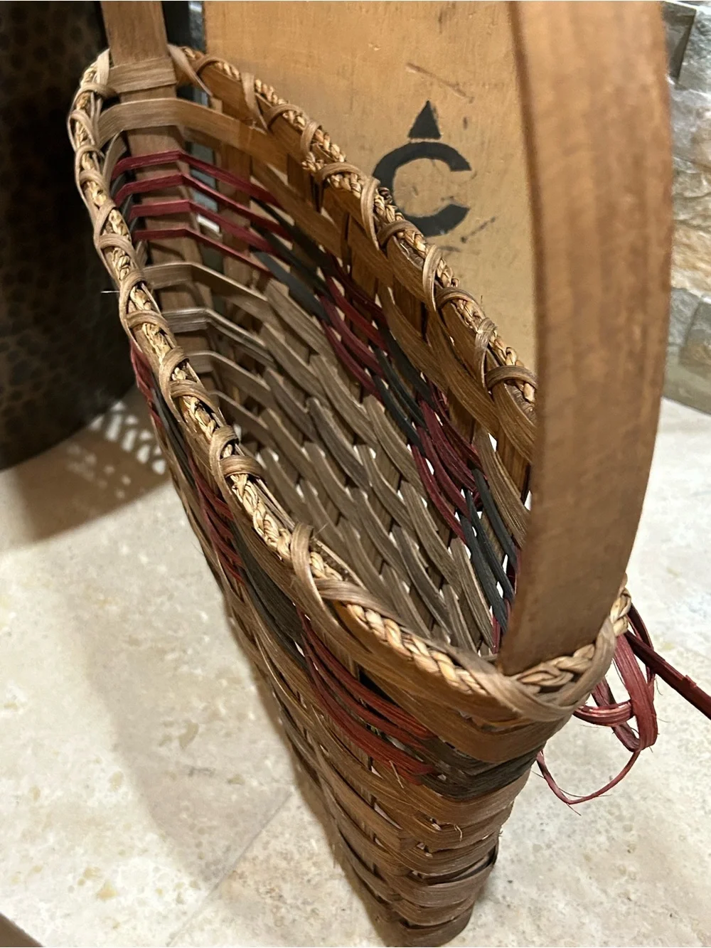 hand-woven wall or door hung wooden splint basket